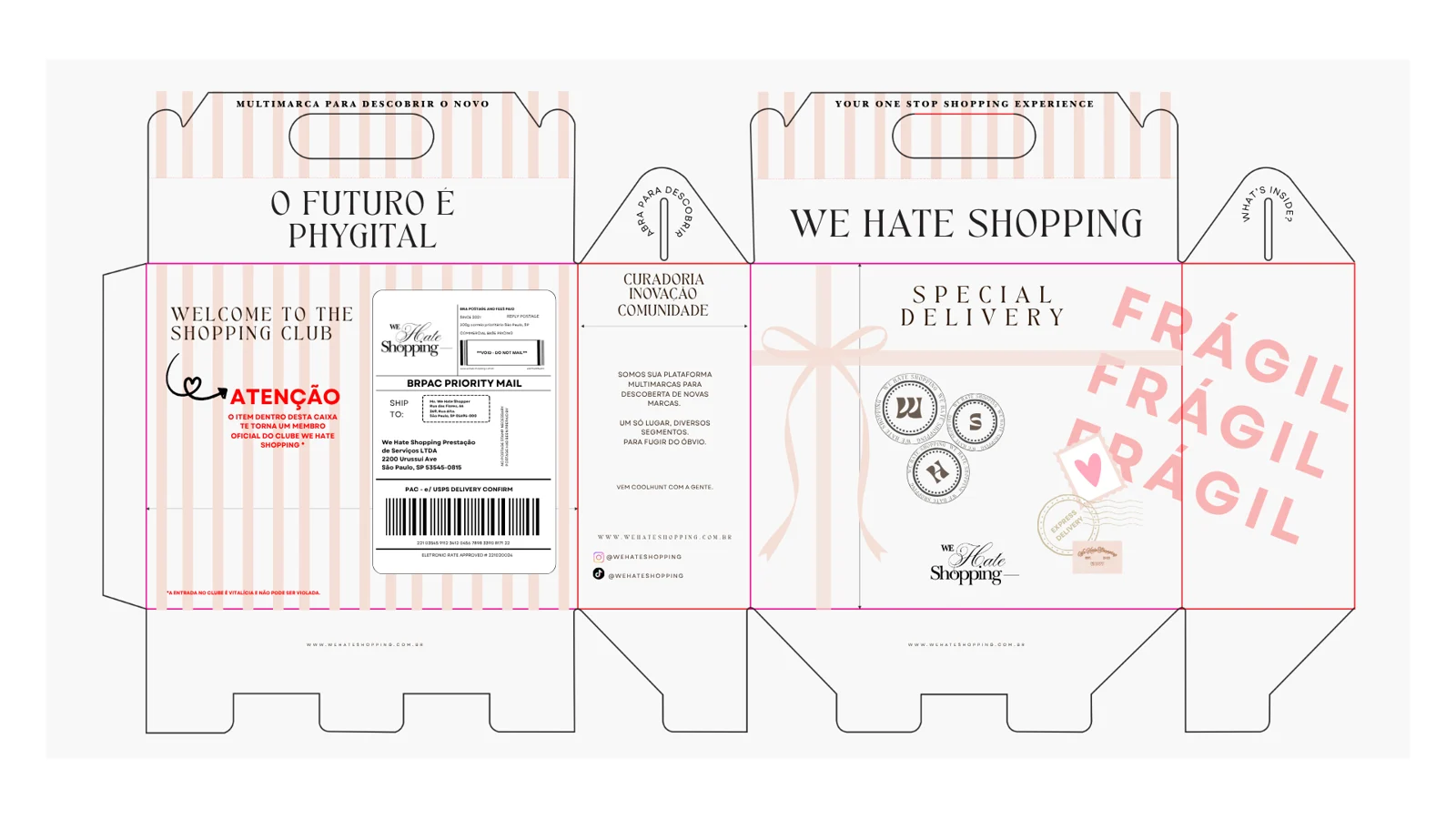 Arte planificada da caixa We Hate Shopping com listras rosadas, laço desenhado, etiqueta de envio e o carimbo Frágil
